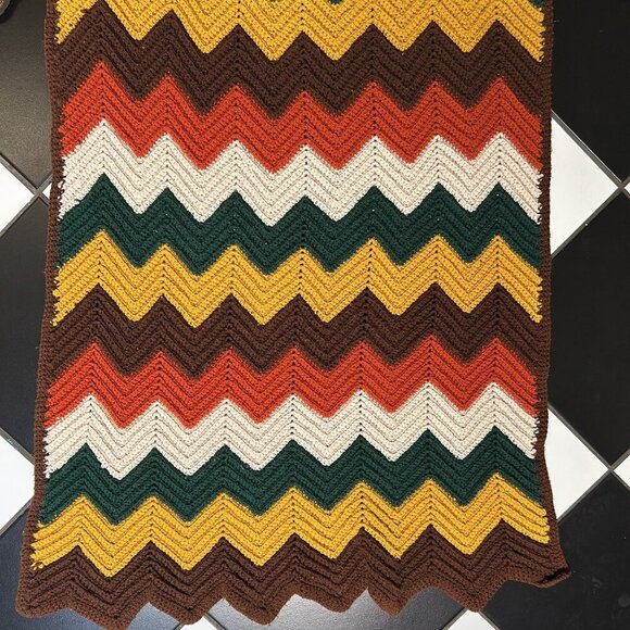 Handmade Afghan Couch Blanket Green Orange Brown Fall Knit Crochet 31x70 Vintage - Picture 5 of 6